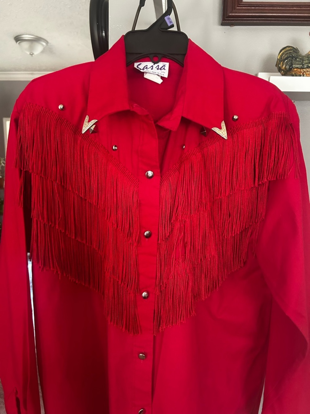 Cassa Red Western Fringe Shirt with Silver Accents